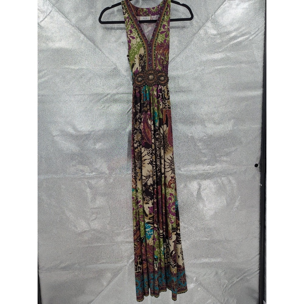 eci New York Women's Maxi Dress Size 8 Floral Beaded Waistband Boho